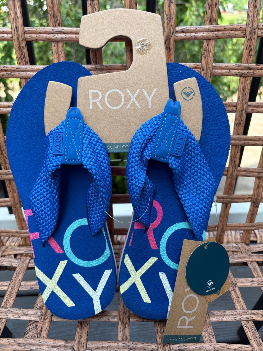 Roxy Blue Braided Strap Flip Flops with Multicolor Accents